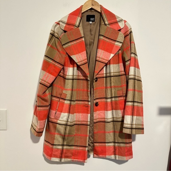 Kut from the kloth tan and orange and pink plaid coat - Picture 1 of 8